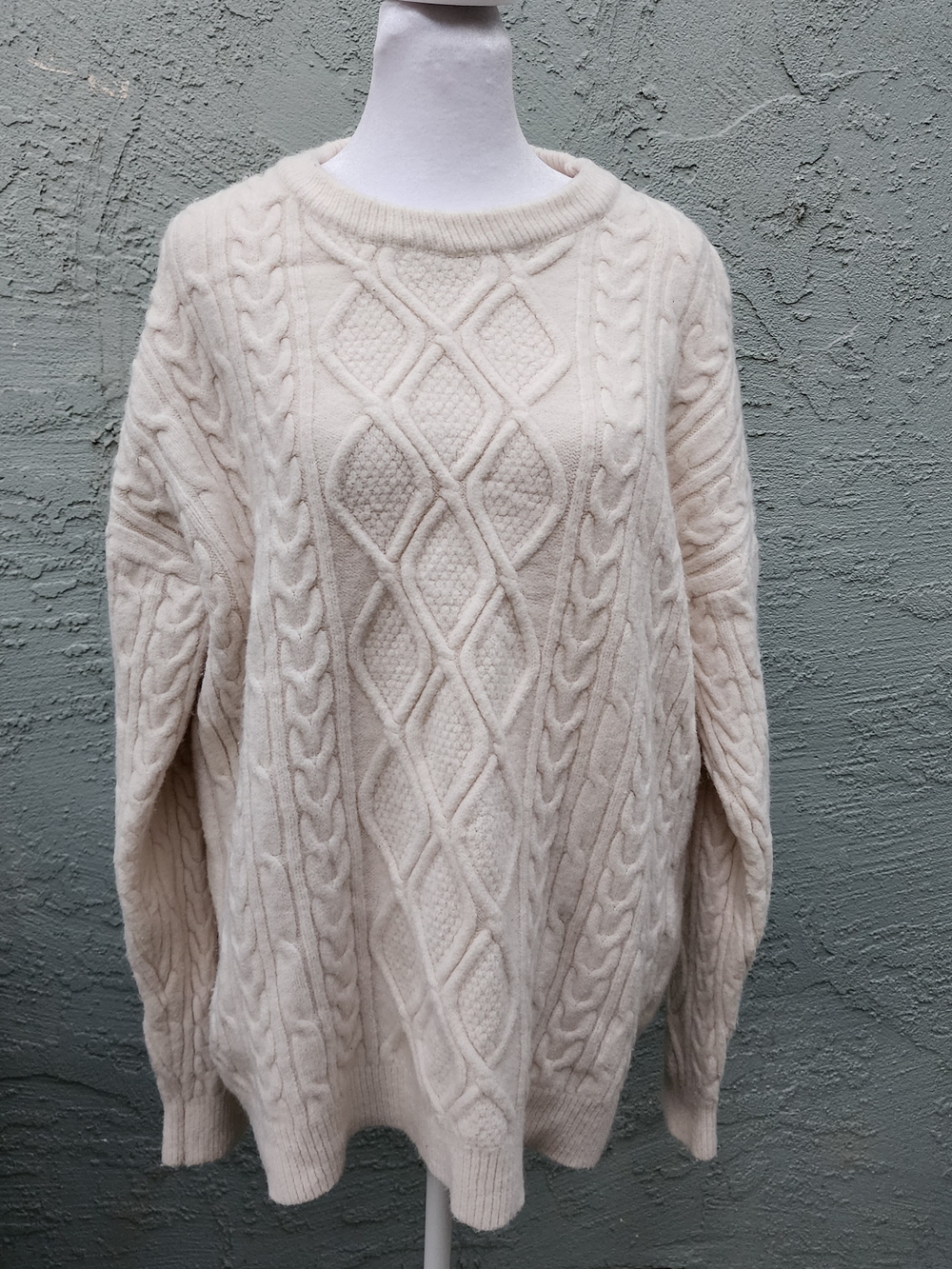 VAMTAC Cream Cable Knit Oversized Crewneck Sweater Diamond Slouchy M